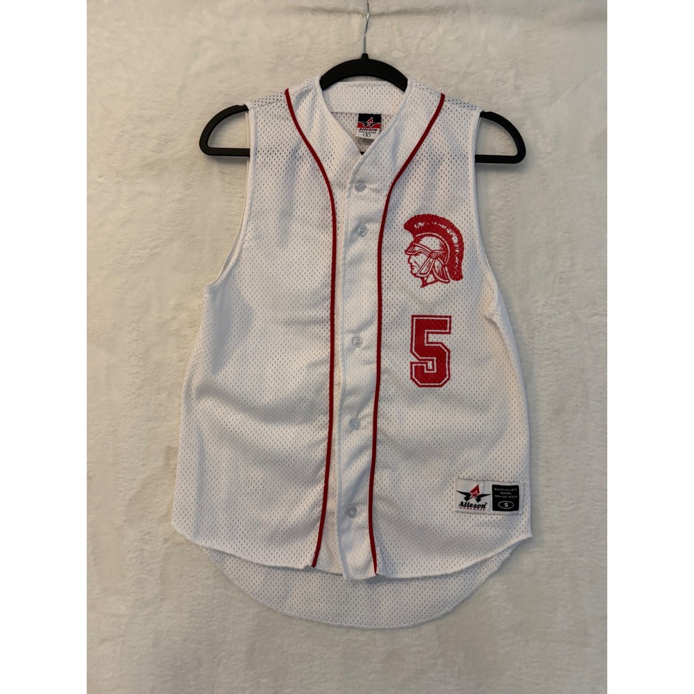 Alleson Athletic Mens Small Sleeveless Baseball Jersey White Red Mesh Trojan 5